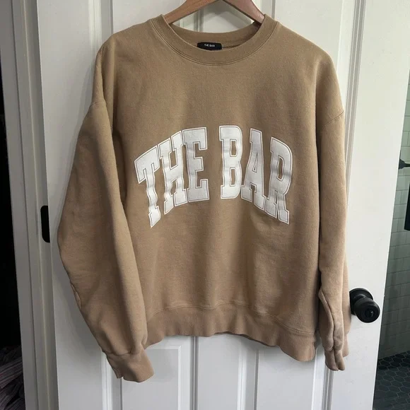 EUC The Bar Tan Varsity Sweatshirt size L with White Lettering. - Picture 3 of 13